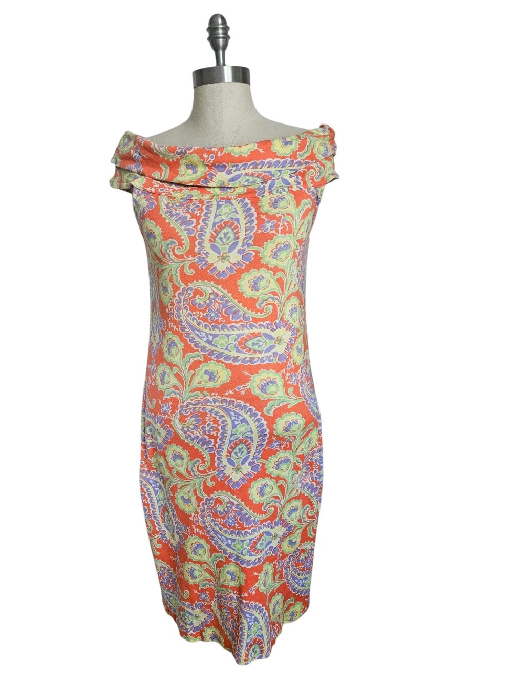 LAUREN RALPH LAUREN Coral Paisley Portrait Neck Cotton Knit Sheath Dress | SZ M